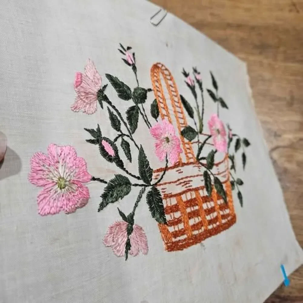 Handmade Embroidered Floral Basket Fabric